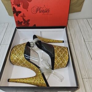 Pleaser Adore 7" Ankle Strap Clear Gold Multi Glitter Heels Size 8